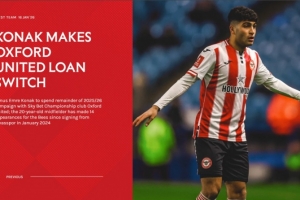 官方：布伦特福德中场科纳克租借加盟牛津联至本赛季结束