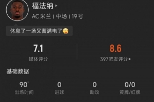 米兰中场福法纳本场数据：1解围1拦截3抢断，评分7.1