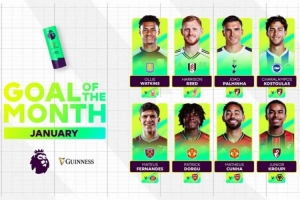 英超1月最佳进球候选：帕利尼亚倒钩在列 库尼亚等人的世界波入选